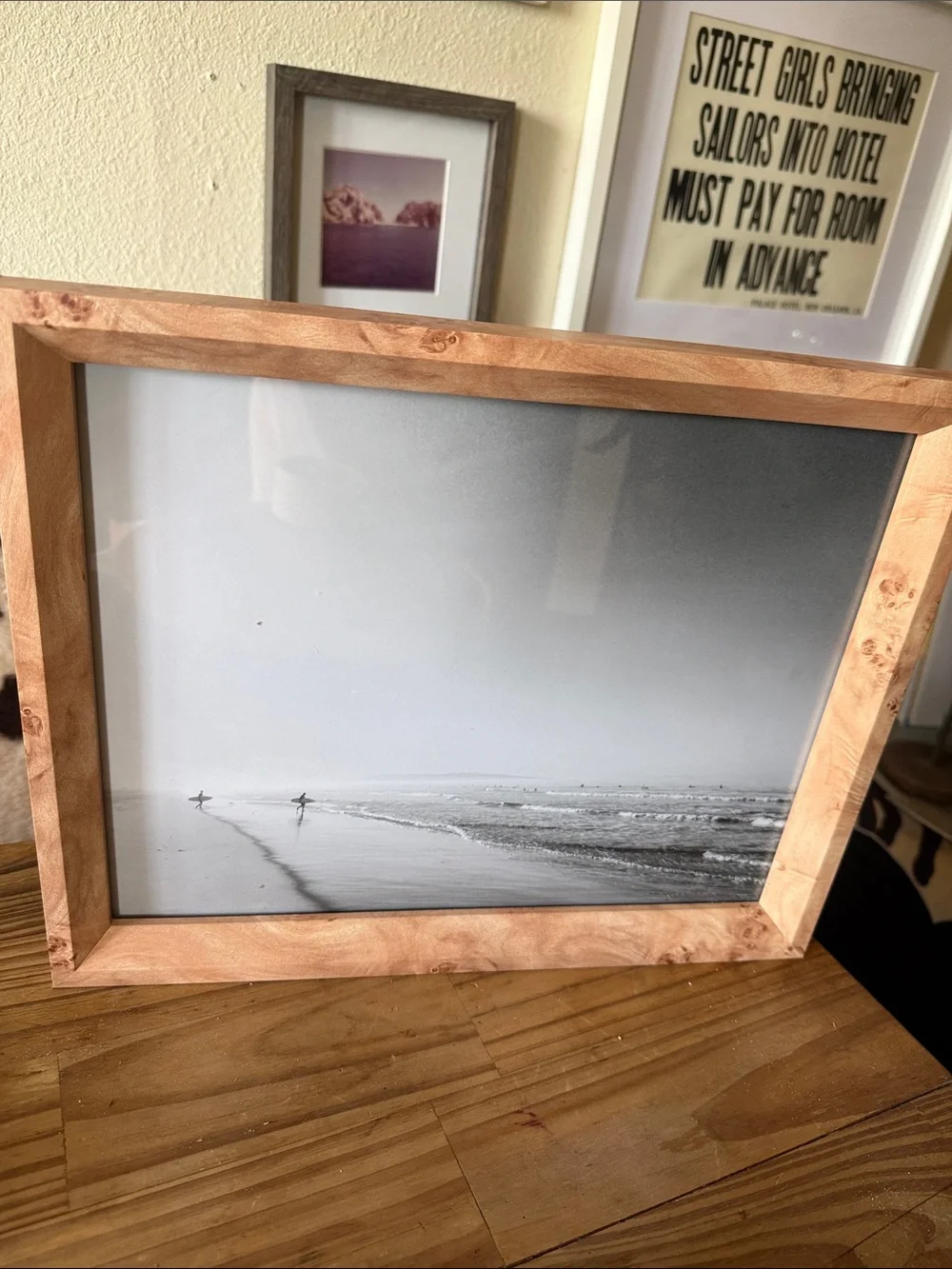New natural burl Wood Frame Black & White Seascape Print surfer ocean 11x14 Art